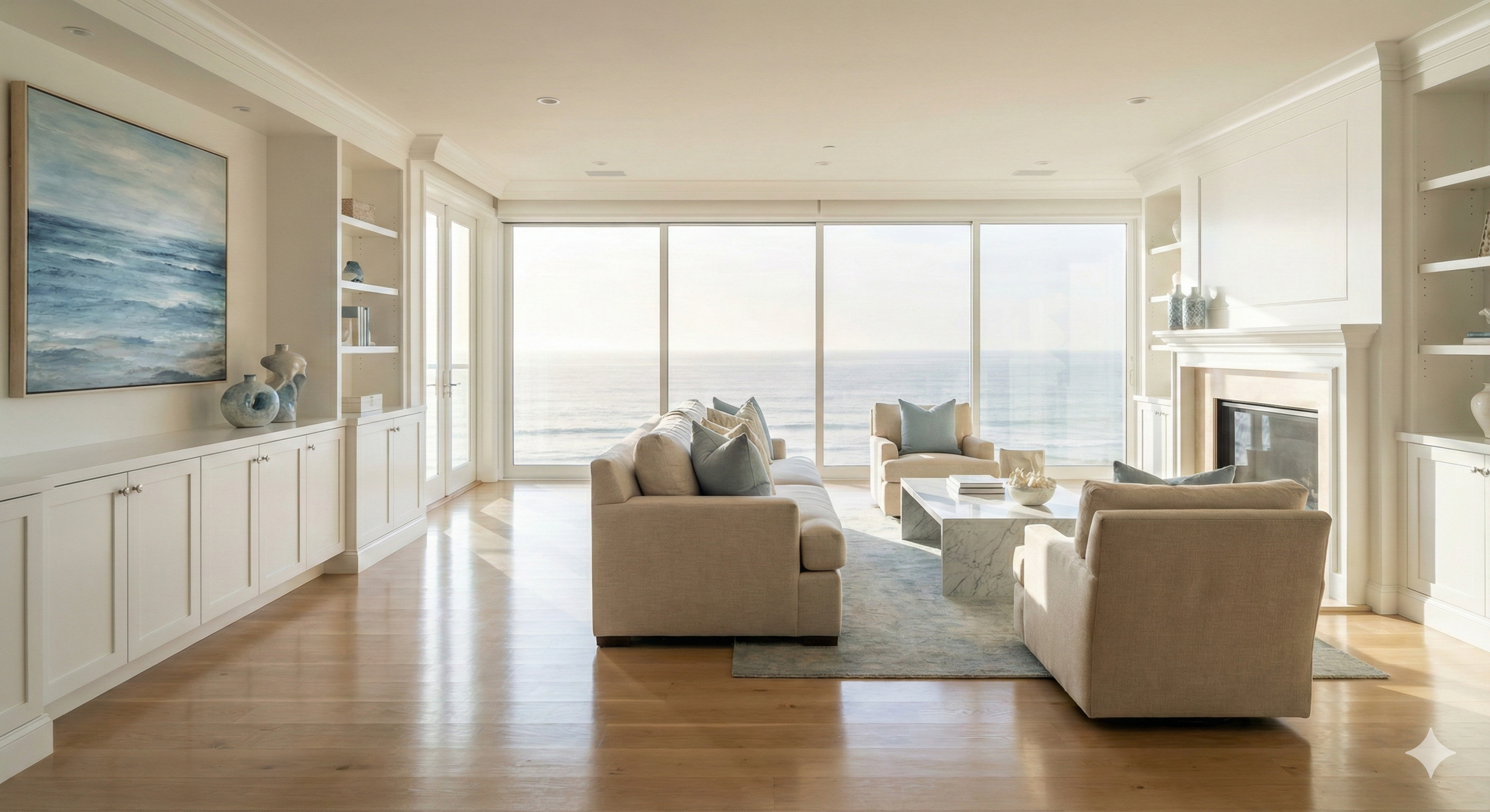 Bright, modern living room in La Jolla with polished hardwood floors and ocean view after a Coastal San Diego Cleaning by Bravo Maids