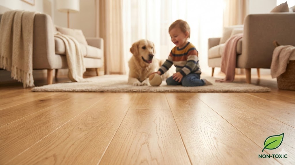 Happy toddler and golden retriever playing on clean hardwood floors, demonstrating safe non-toxic cleaning