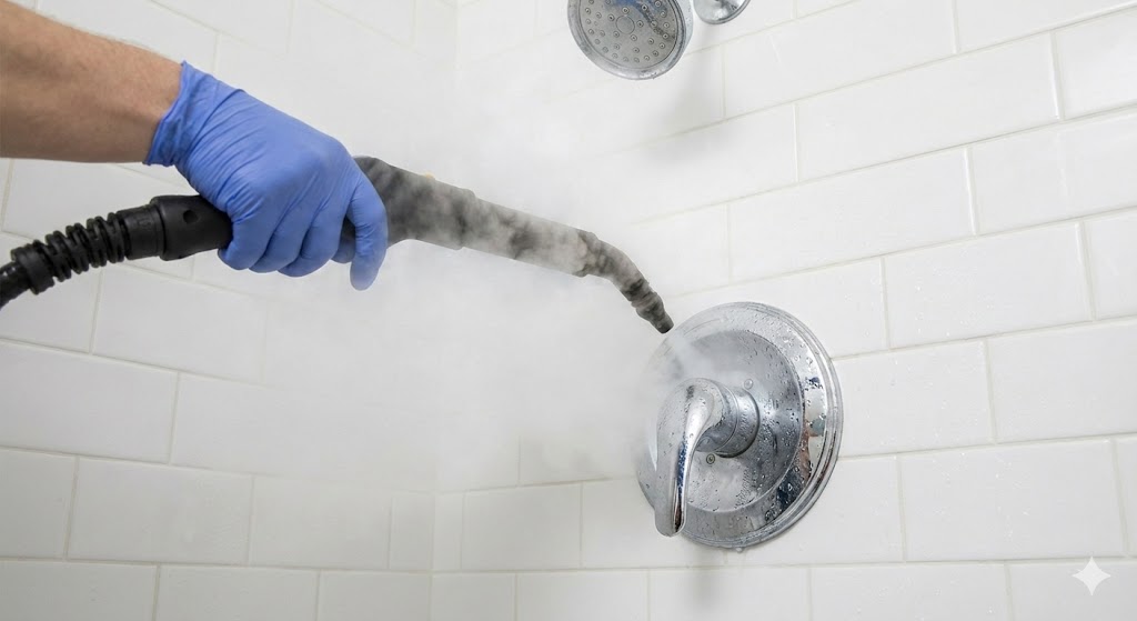 Professional steam cleaning of shower glass and fixtures for Airbnb sanitation
